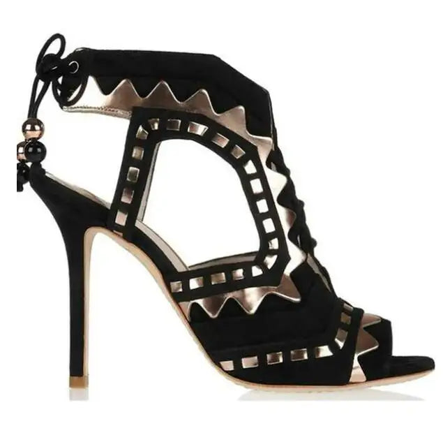 Women's Triangle Patchwork Beaded Lace-Up Sandal Boots
