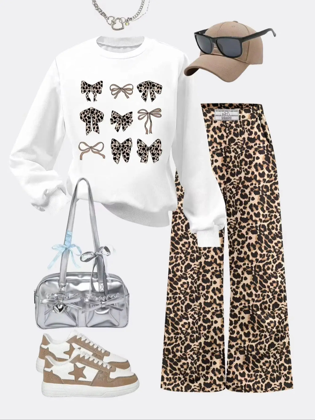 Girls' Bowtie Leopard Print Fleece Hoodie Pants Two-Piece Set