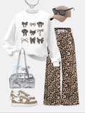 Girls' Bowtie Leopard Print Fleece Hoodie Pants Two-Piece Set