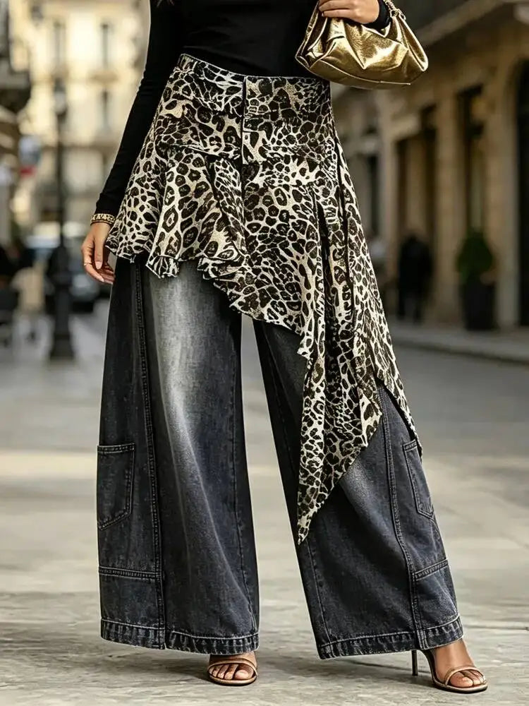 Women's Leopard Patchwork Baggy Loose Wide Leg Jeans