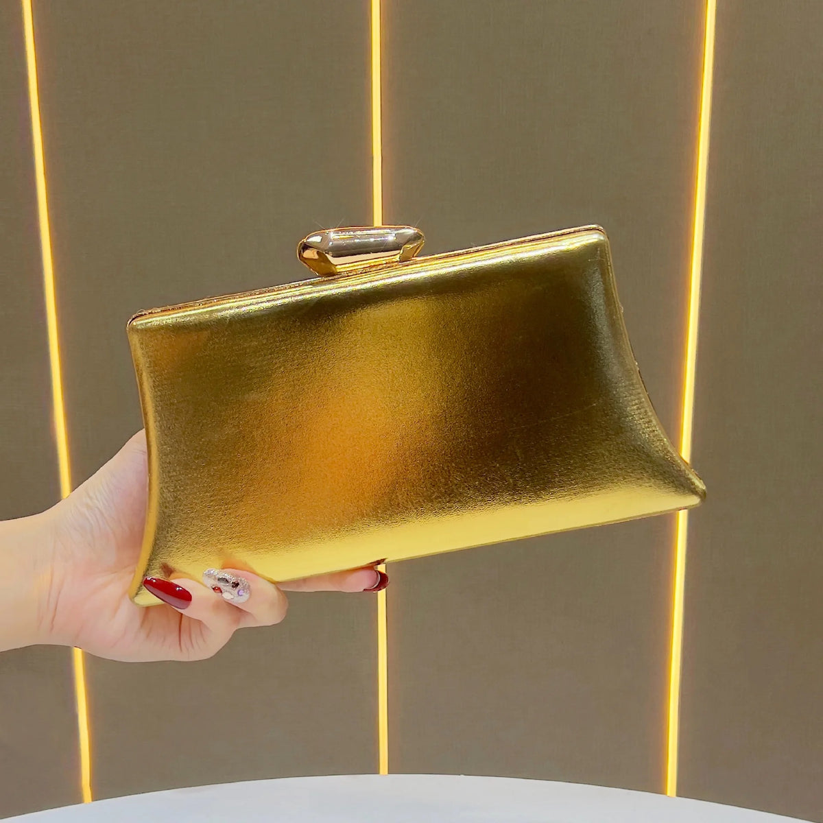 Women's Metallic Trapezoid Evening Clutch Bag with Gold Clasp