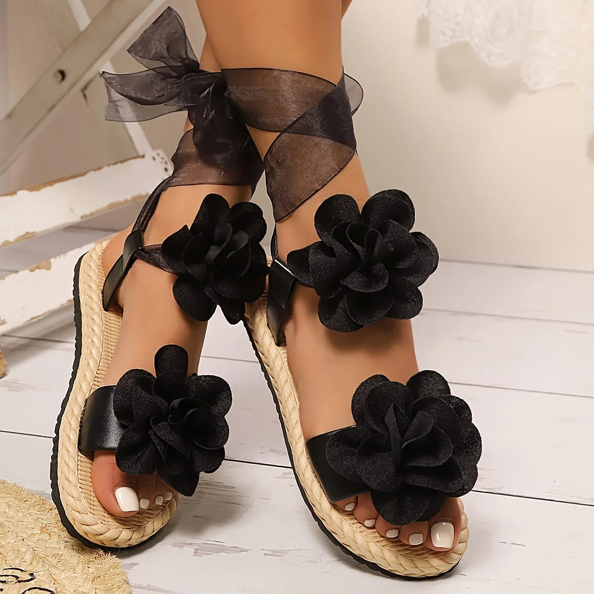 Women's Floral Applique Platform Lace-Up Sandals Flat Open Toe