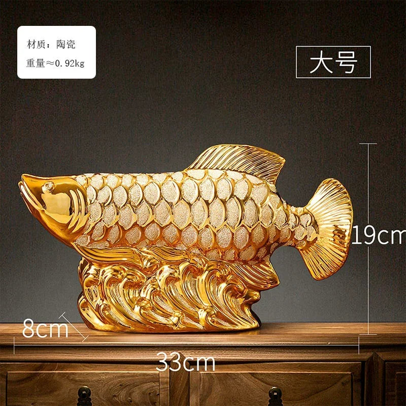 Golden Dragon Fish Ornament and Ceramic Desktop Figurine
