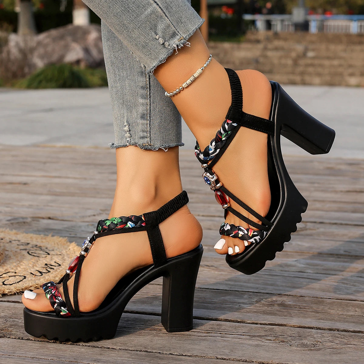 Women's Vintage Rivet Wedge Sandals Ankle Buckle High Heels