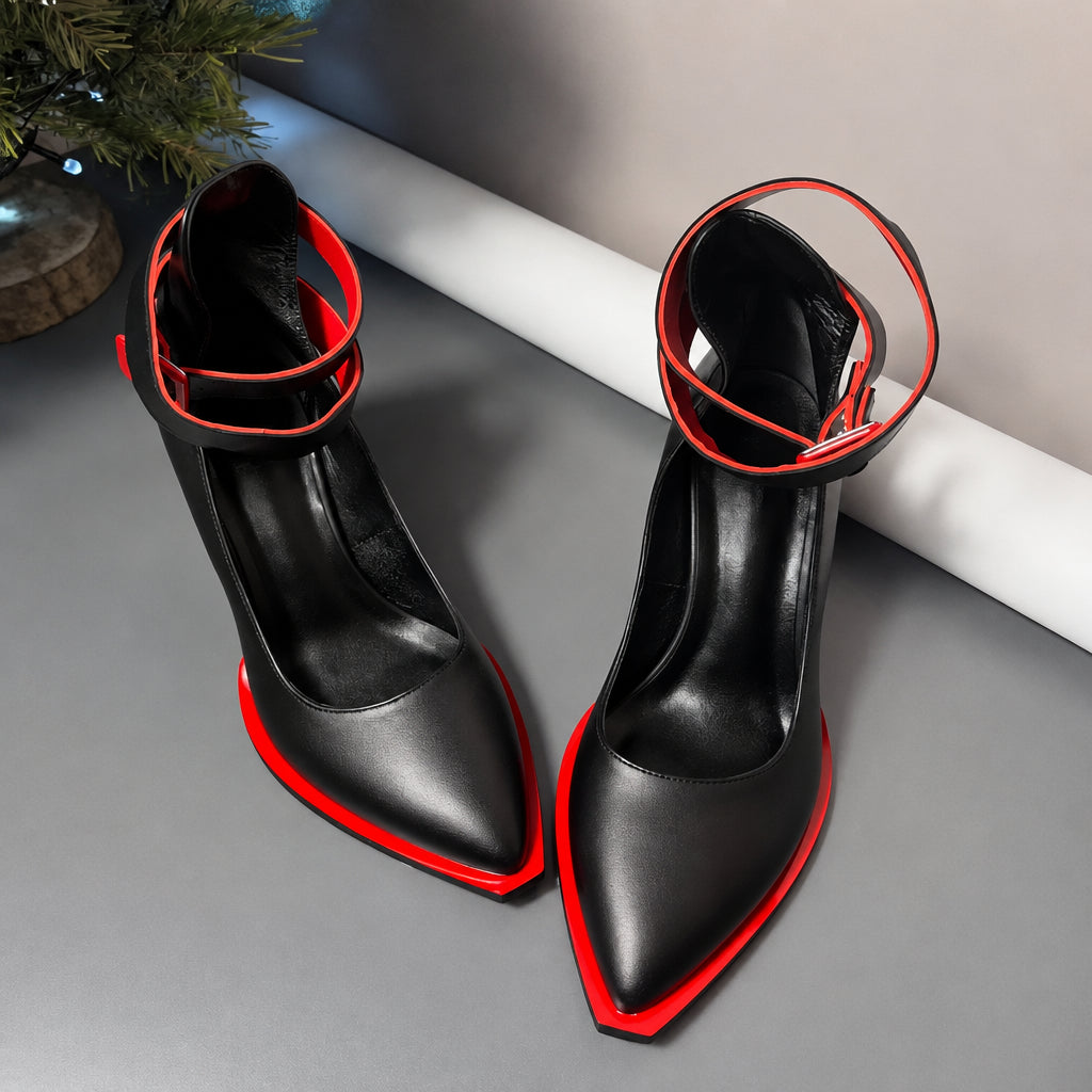 Women's Pointed Toe Chunky Heel Ankle Strap Pumps