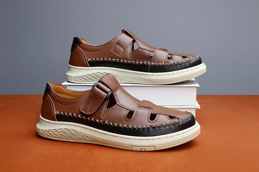 Men's Retro Leather Hollow Breathable Sandals Non-Slip Walking Shoes
