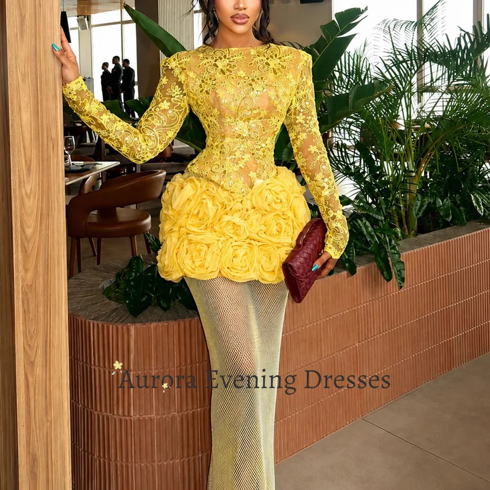 Women's 3D Rose Lace Long Sleeve Evening Gown