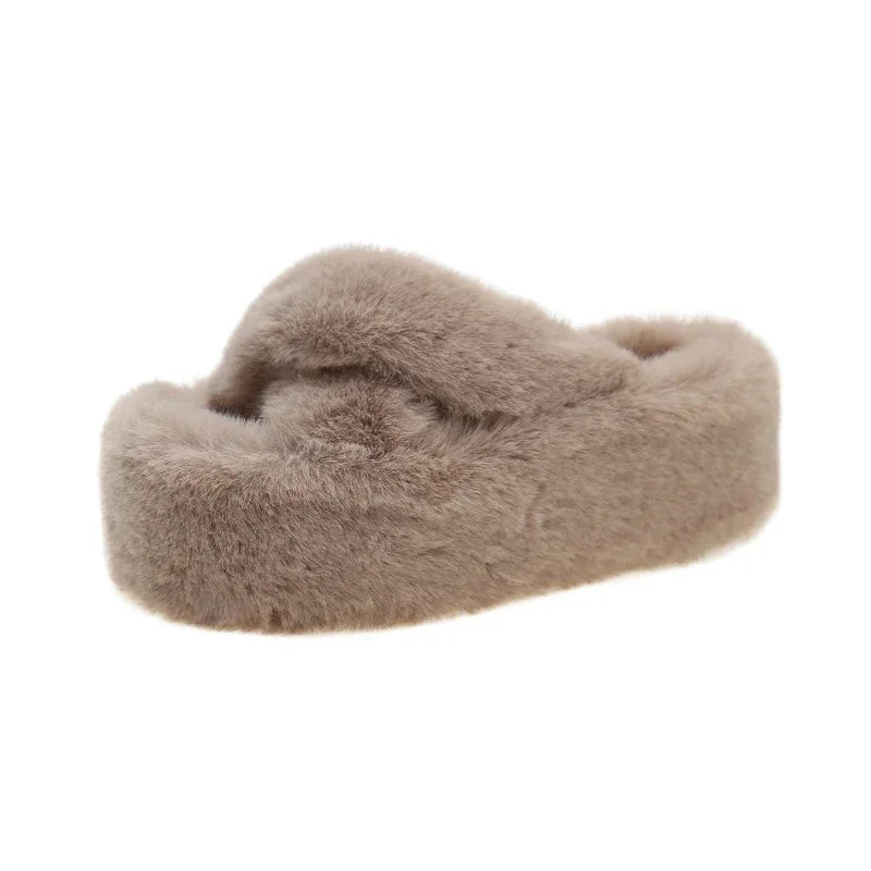 Women's Faux Fur Platform Slippers Soft Plush Indoor House Shoes
