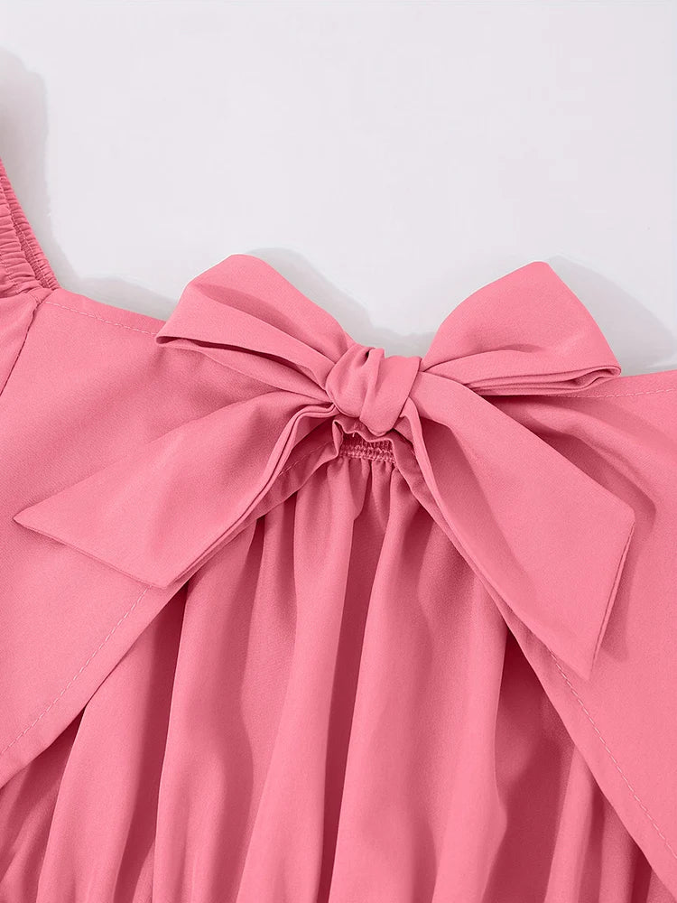 Girls' Off-Shoulder Lantern Sleeve Bow Solid Puff Dress T5591OBMTDD