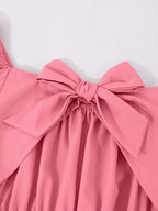 Girls' Off-Shoulder Lantern Sleeve Bow Solid Puff Dress T5591OBMTDD