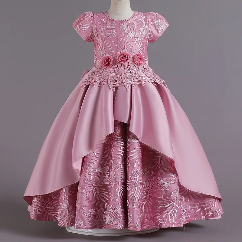 Girls' Floral Embroidery Satin Princess Ball Gown Dress
