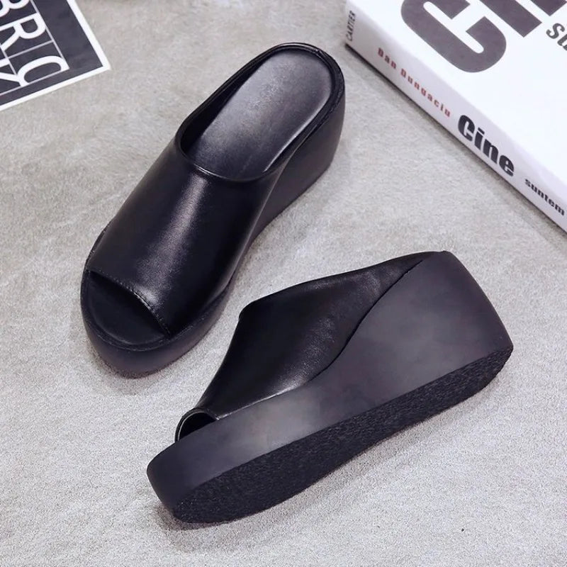 Women's Peep Toe Wedge Sandals Platform Slip On Mules