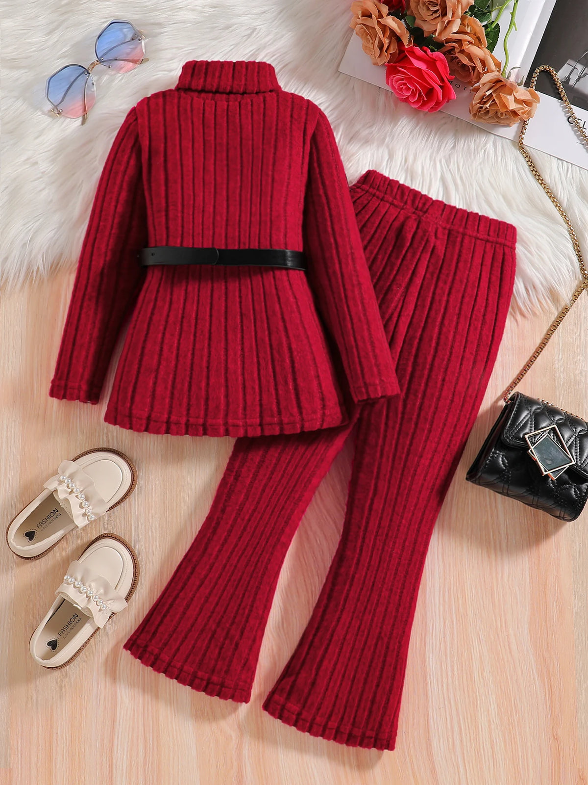 Girls' High-Neck Long-Sleeved Top Wide Leg Pants Two-Piece Set KJ1C4392A