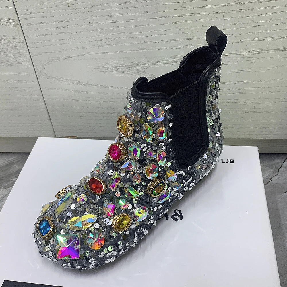 Women's Rhinestone Flat Ankle Boots Plush Winter Snow Shoes