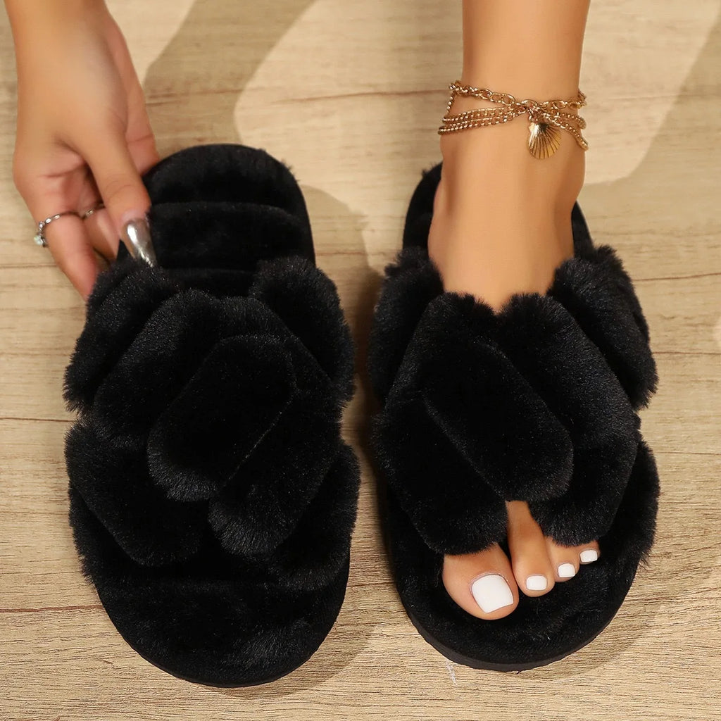 Women's Cross Strap Fluffy Slippers Open-Toed Plush Fur Home Slides