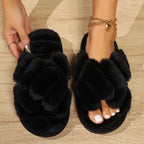 Women's Cross Strap Fluffy Slippers Open-Toed Plush Fur Home Slides