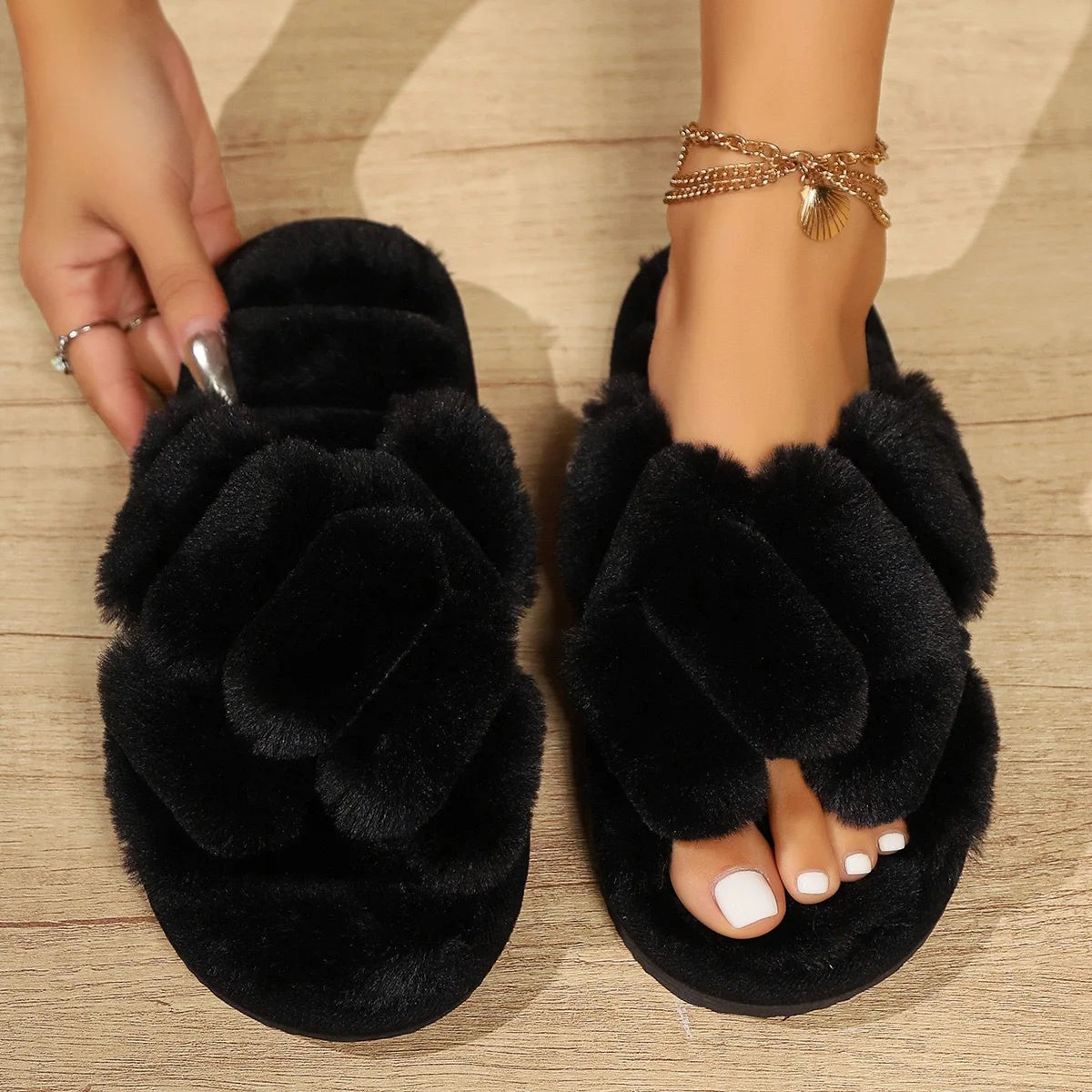 Women's Cross Strap Fluffy Slippers Open-Toed Plush Fur Home Slides