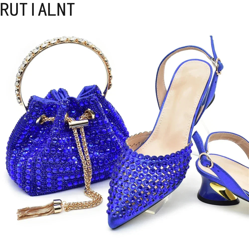 Women's Rhinestone Pointed Toe Mid Heel Pumps and Bag Set