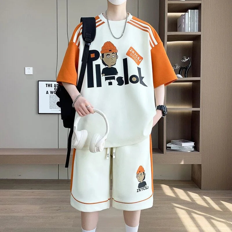 Men's Casual Printed Short Sleeve T-Shirt and Shorts Two Piece Set