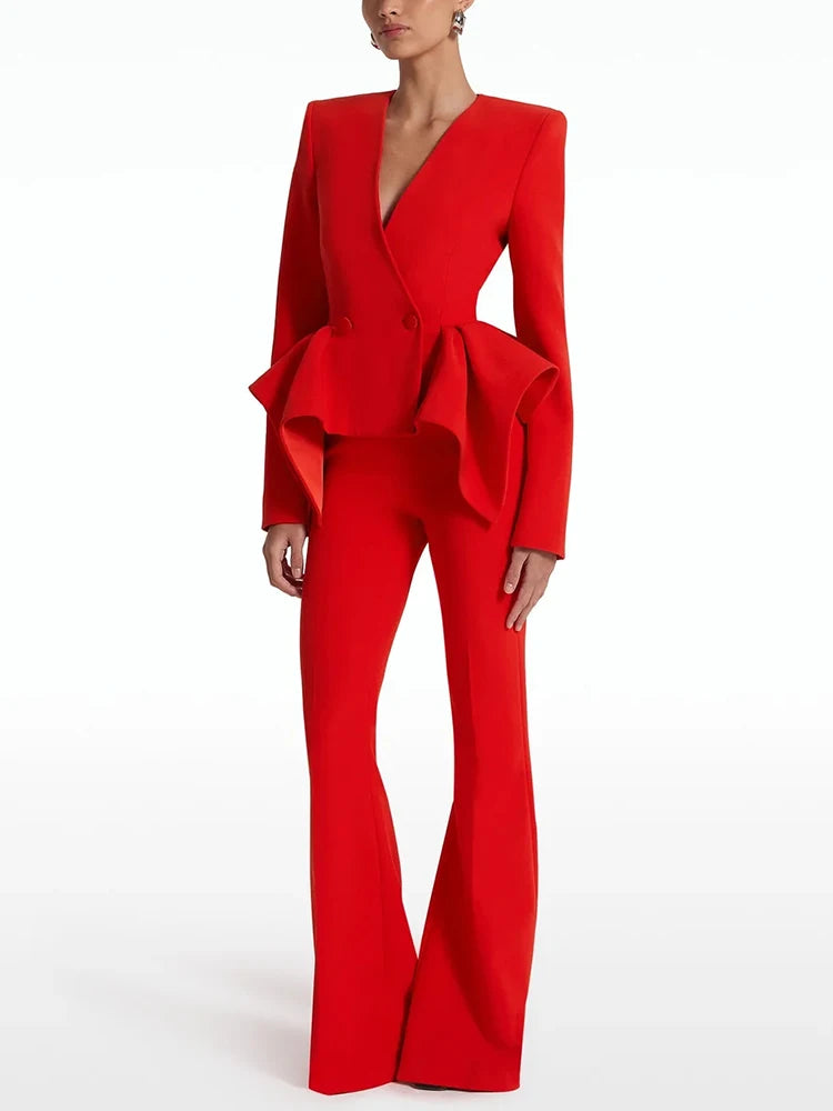 Women's V-Neck Ruffles Jacket Flare Pants Suit Set