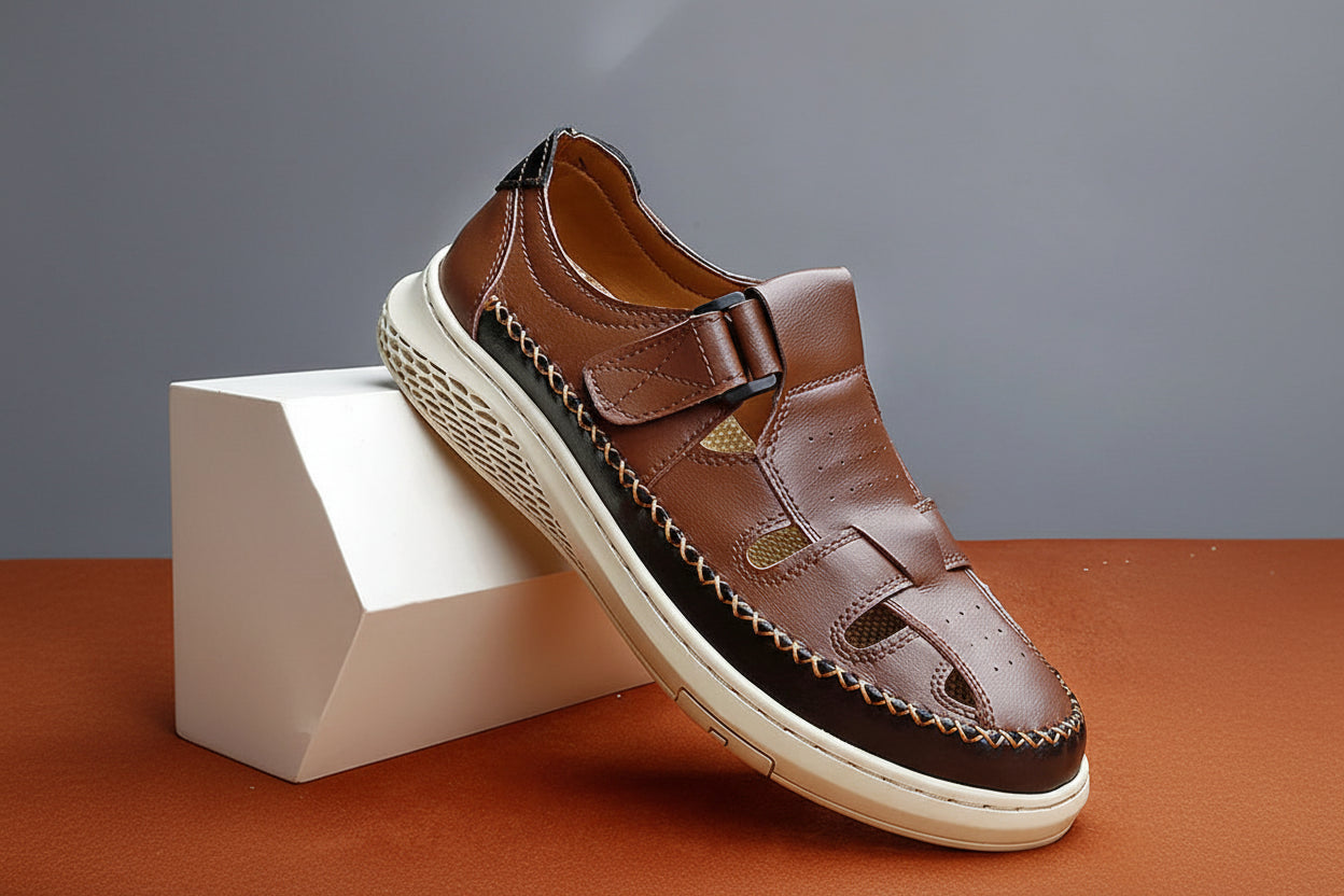 Men's Retro Leather Hollow Breathable Sandals Non-Slip Walking Shoes