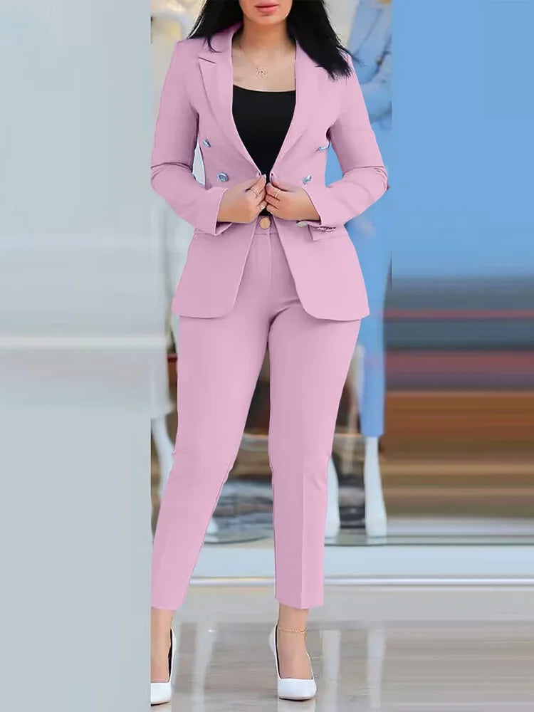 Women's Solid Lapel Blazer Slim Pants Set