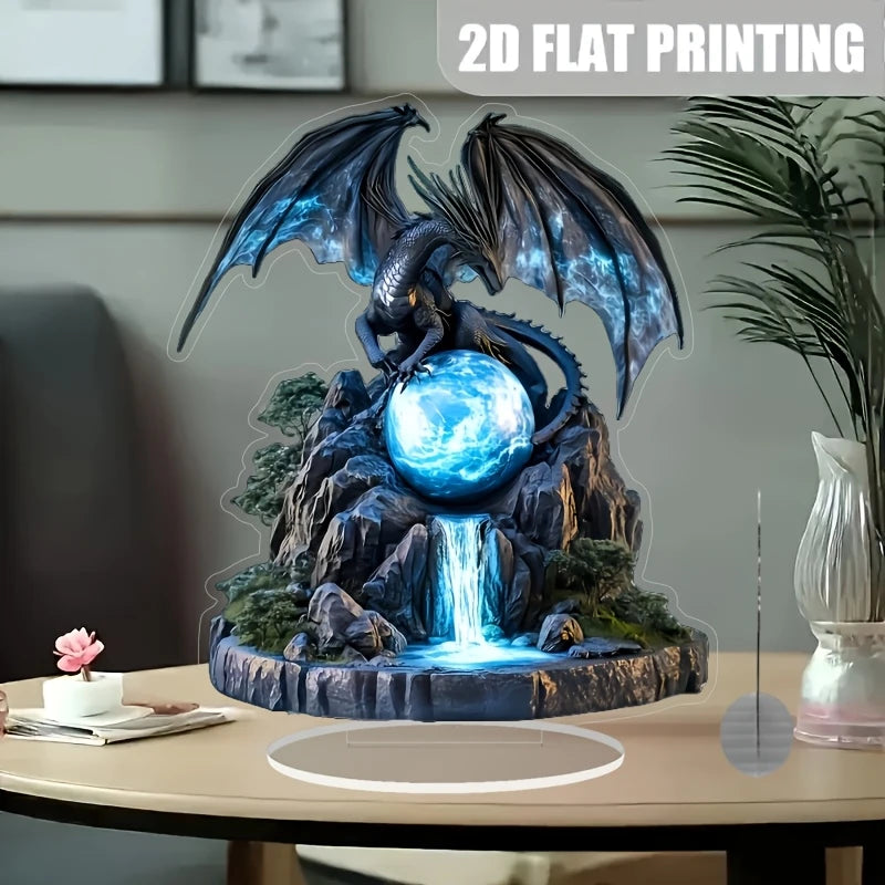 Retro Bohemian Dragon Crystal Ball Flat Acrylic Plaque and Tabletop Ornament