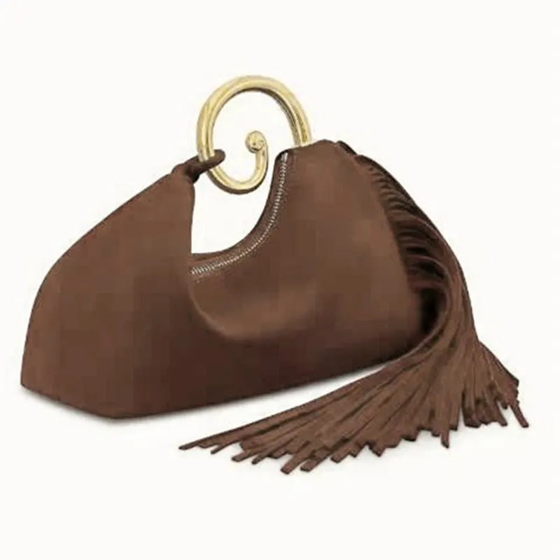 Women's Tassel Metal Handle Faux Suede Tote Bag