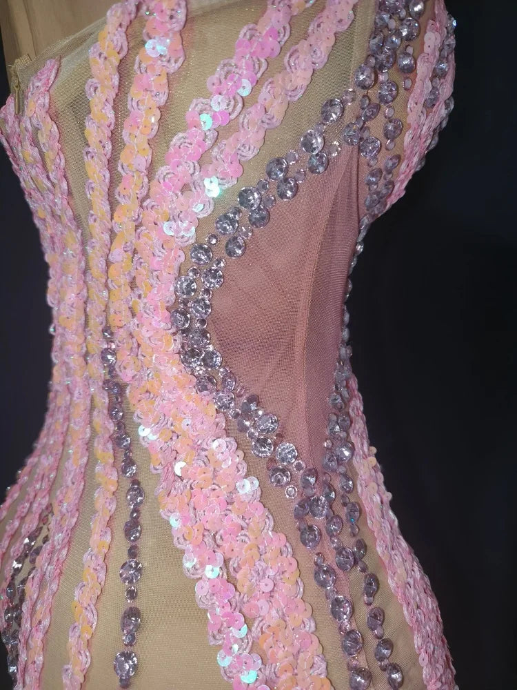 Women's Sexy Mesh Sequins Crystal Stage Performance Maxi Dress