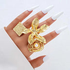 Women's Fashion Elegant Flower Pearl Hollow Geometric Ring Jewelry Set