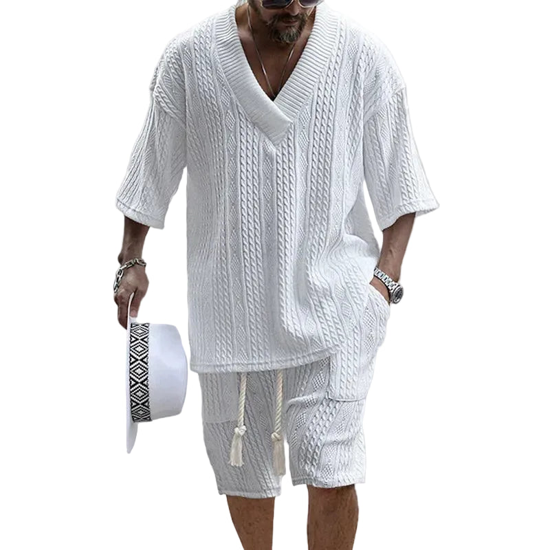 Men's V-Neck Short Sleeve Knitted T-Shirt and Shorts Casual Two-Piece Set