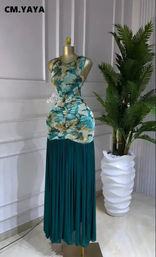 Women's Printed Ruched Sleeveless Maxi Dress
