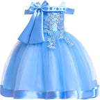 Girls' Flower Applique Bow Princess Ball Gown Dress