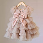 Girls' Sequined Fluffy Mesh Bow Princess Dress