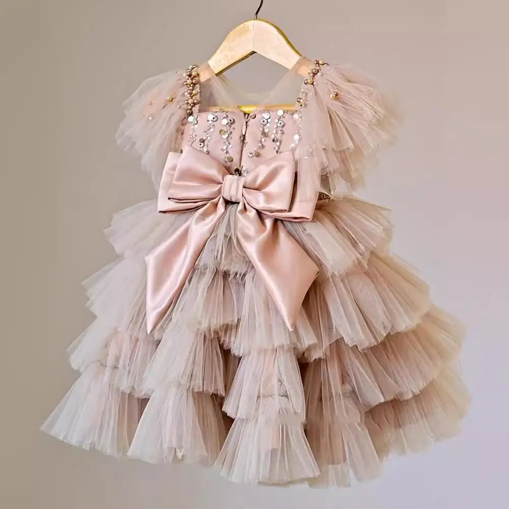 Girls' Sequined Fluffy Mesh Bow Princess Dress
