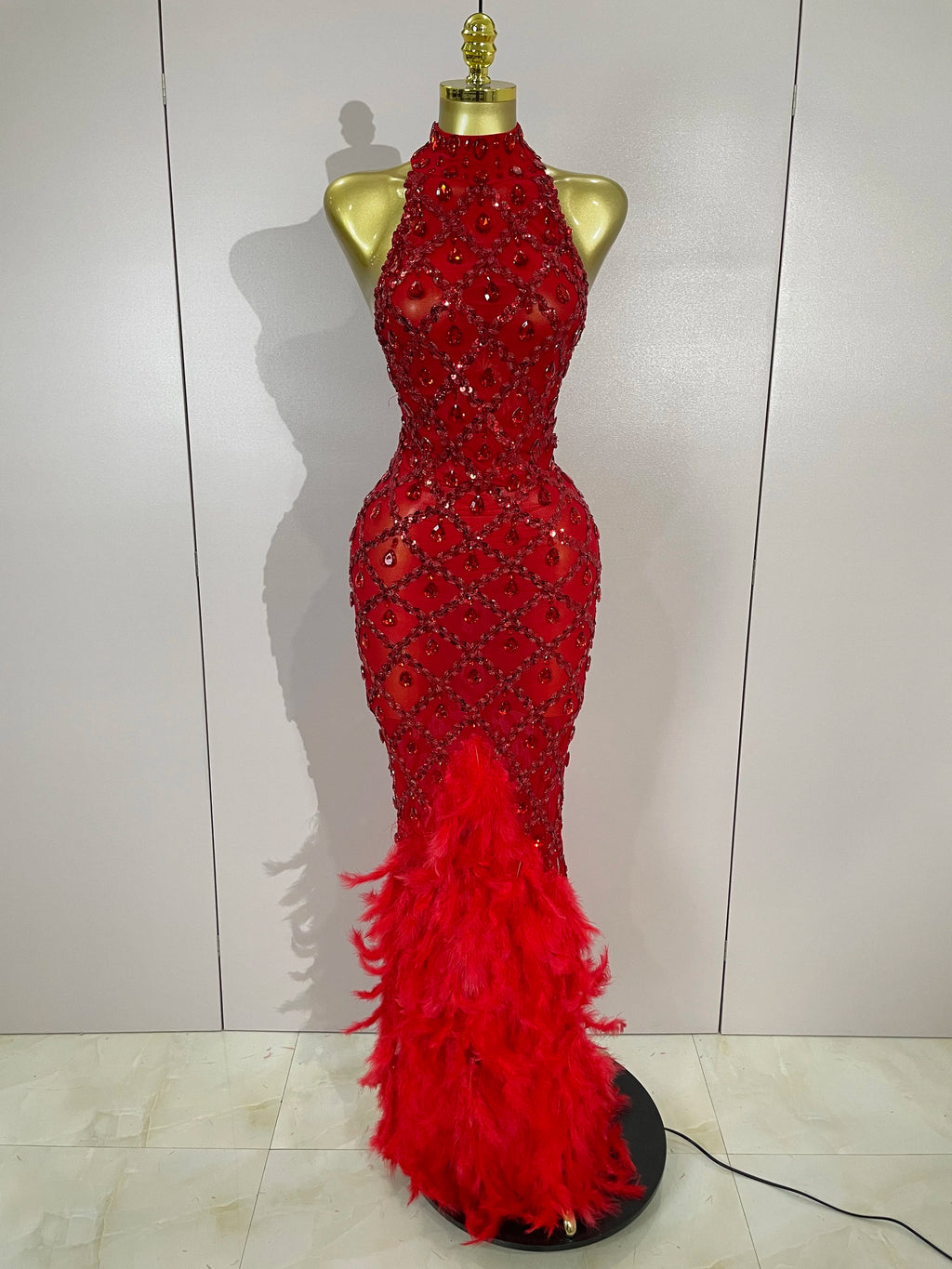 Women's Sparkly Rhinestones Feather Mesh See Through Long Dress