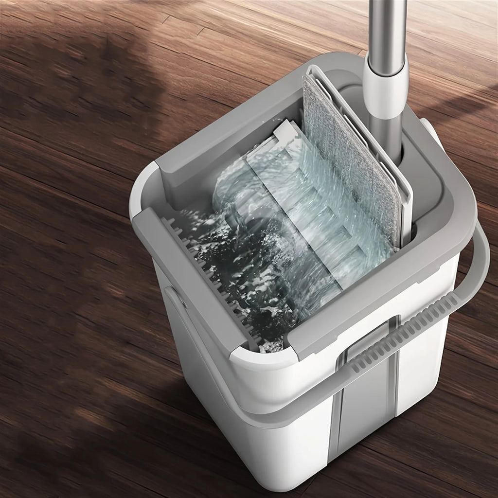 Wet and Dry Mop Set, Flat Mop with Built-in Scraper and Bucket, Suitable for Kitchen, Bathroom, Bedroom, and Living Room Floors