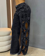 Women's High-Waist Cutout Criss Cross Wide Leg Denim Pants