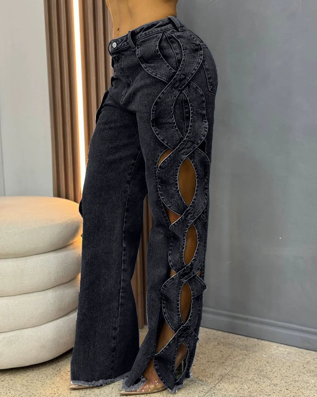 Women's High-Waist Cutout Criss Cross Wide Leg Denim Pants