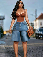 OKAYOASIS Women's High-Waisted Denim Cargo Shorts Vintage Streetwear Blue