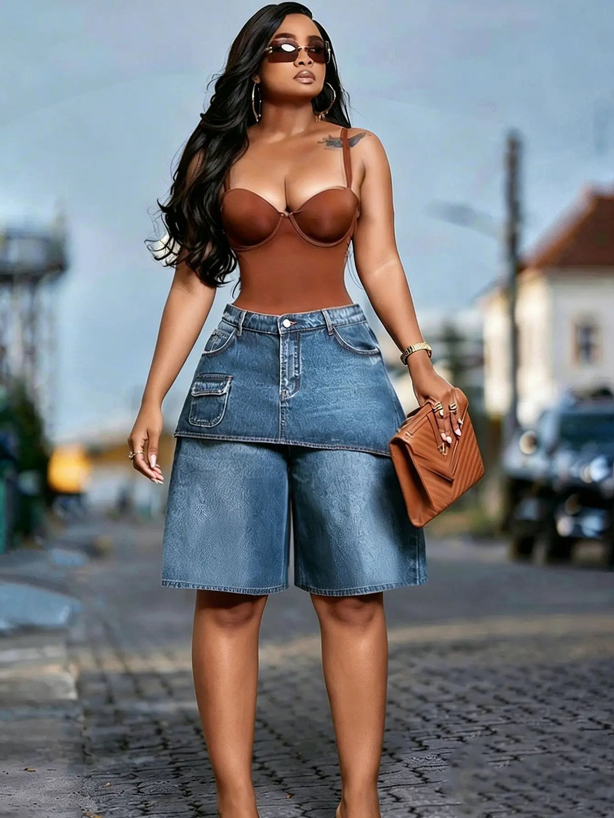OKAYOASIS Women's High-Waisted Denim Cargo Shorts Vintage Streetwear Blue