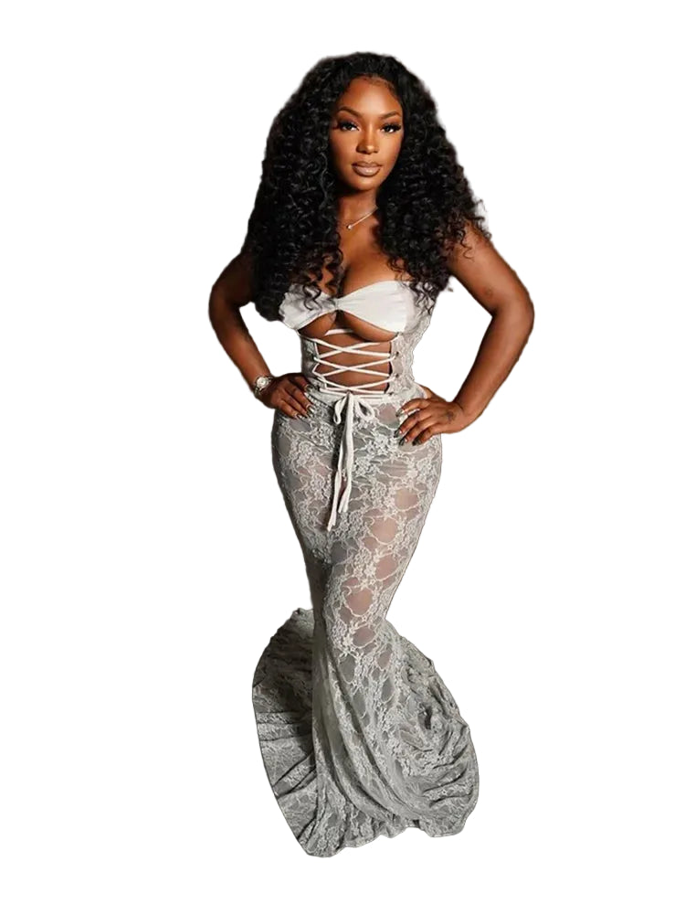 Women's Sexy Mesh Patchwork Strapless Ruched Maxi Dress