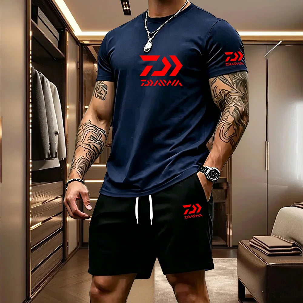 Men's Casual Round Neck T-Shirt and Drawstring Shorts Set