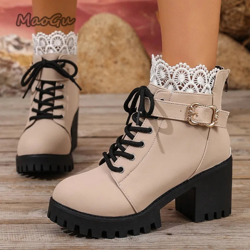 Women's Chunky Platform Lace-Up High Heel Ankle Boots