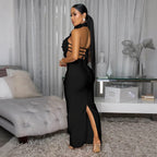 Women's Flower Halter Neck Long Sleeve Evening Party Dress 31801