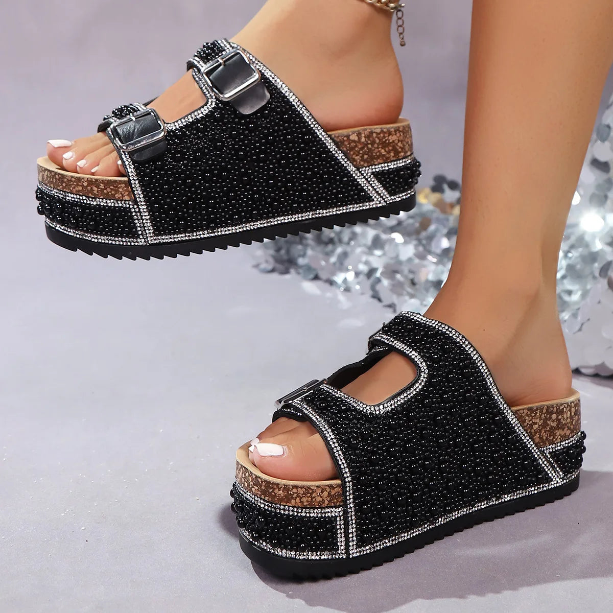 Women's Pearl Rhinestone Wedge Platform Sandals and Slides