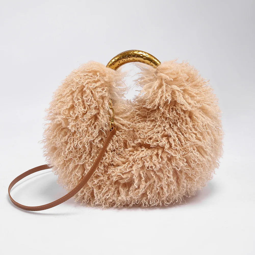 Women's Solid Color Plush Shoulder Bag with Adjustable Strap