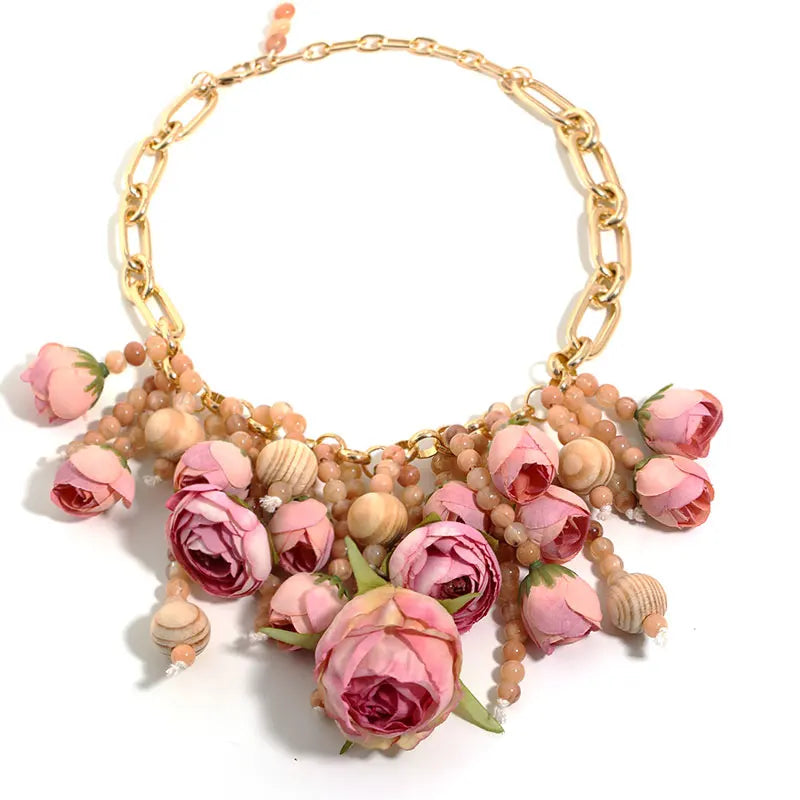 Women's Fashion Statement Three-Dimensional Rose Cluster Beads Necklace
