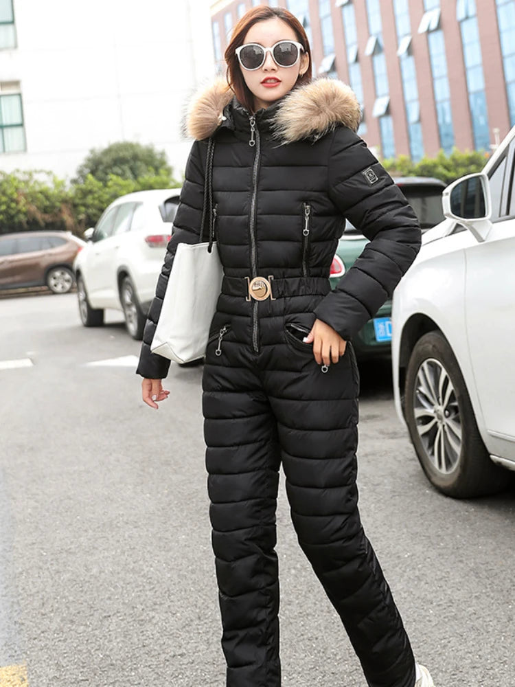 Women's Thick Warm Hooded Ski Suit Winter Parka Jumpsuit