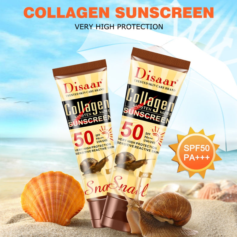 Two tubes of Disaar Collagen Sunscreen with beach background